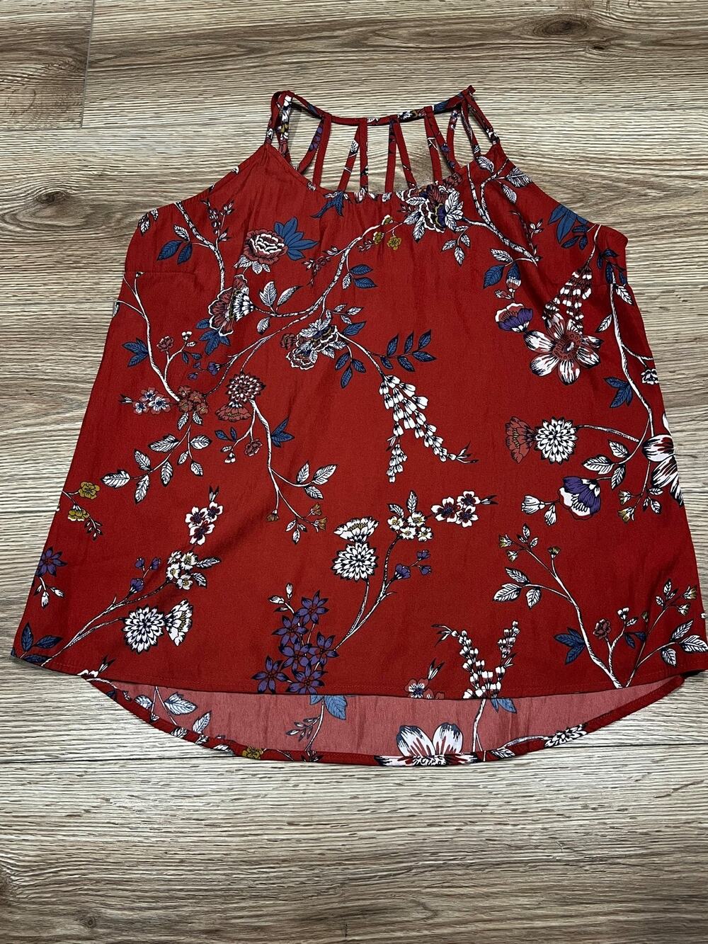 Maurices Womens Tank Top Size M Rust Red Floral Cutout Neckline Cold Shoul (A86)